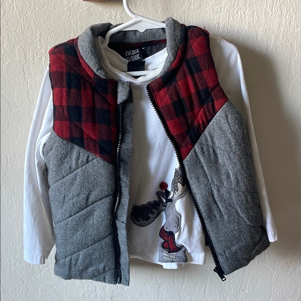 Fleece Lined Plaid Vest with Graphic Tee moose